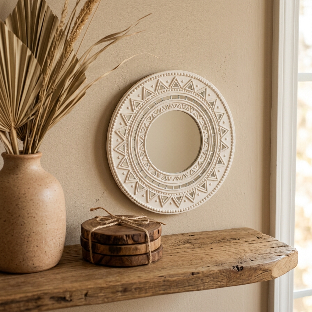 Close-up detail of handcrafted warm white Lippan clay mirror plaque mounted on a wooden shelf beside raw wood tea coasters and a ceramic vase with dried botanicals