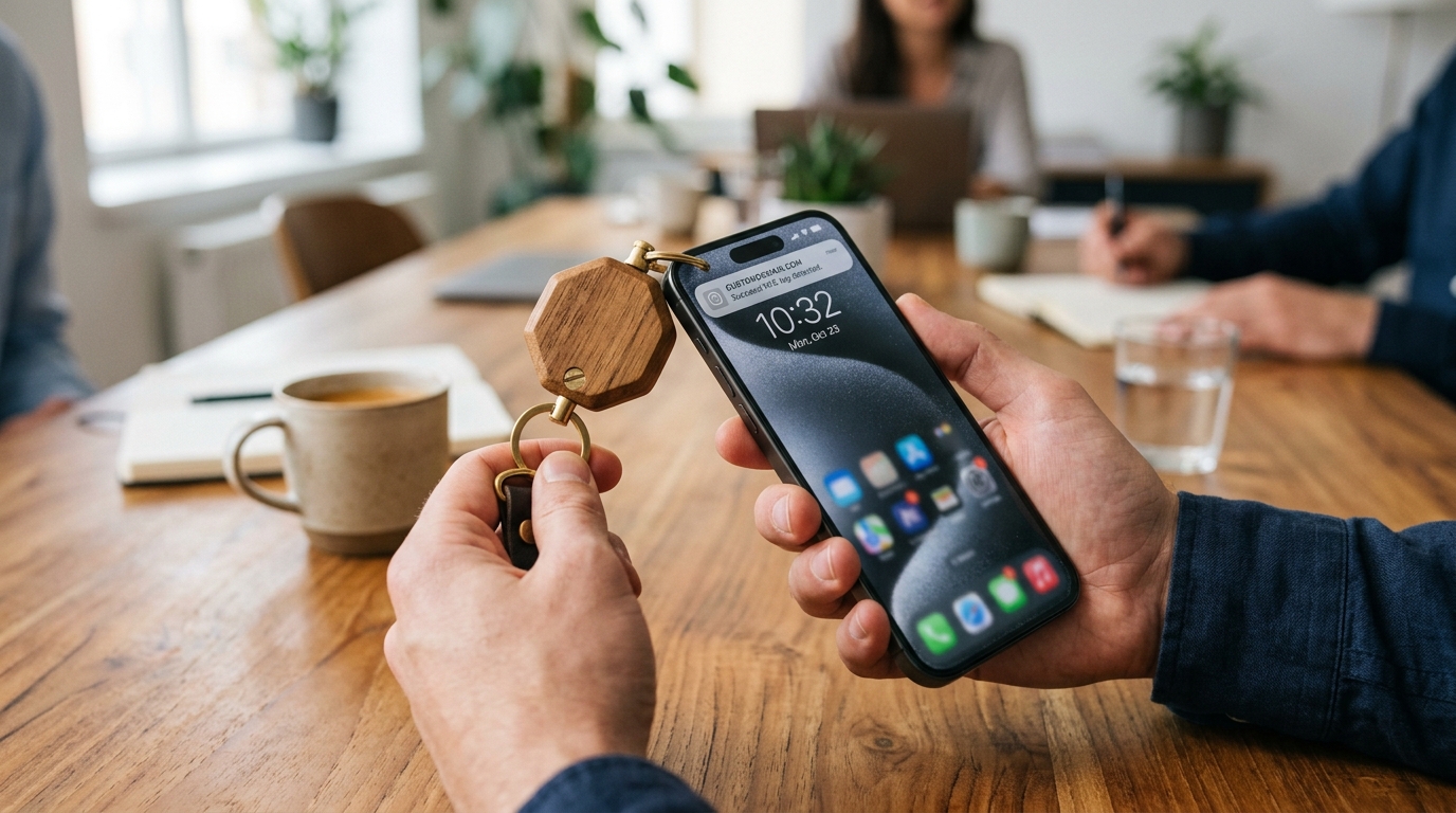 Close-up commercial lifestyle photograph of a professional holding a phone over a conference table, tapping the top edge with a solid teakwood and brass smart keychain as an authentic notification banner pops up