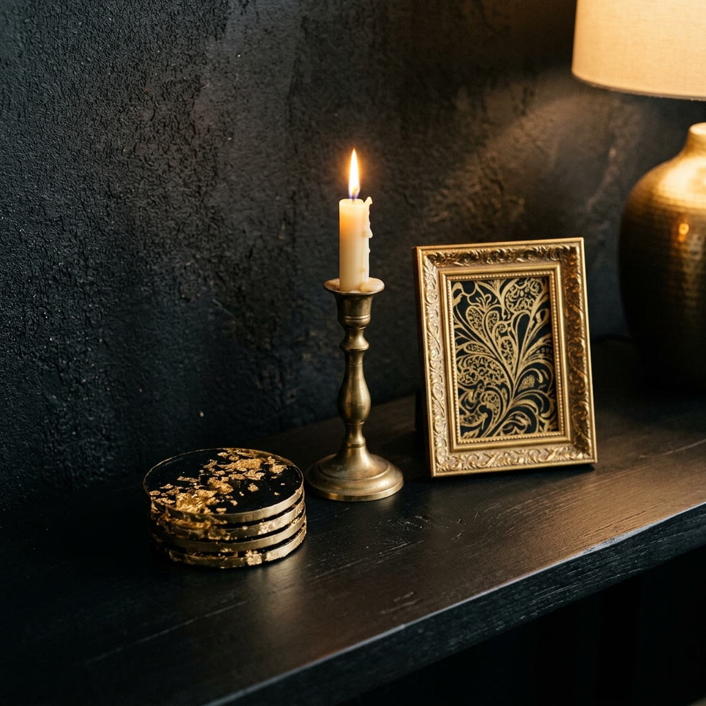 Close-up view of a dark matte console table with gold leaf black resin coasters, brass candlestick holder, and framed black gold decor