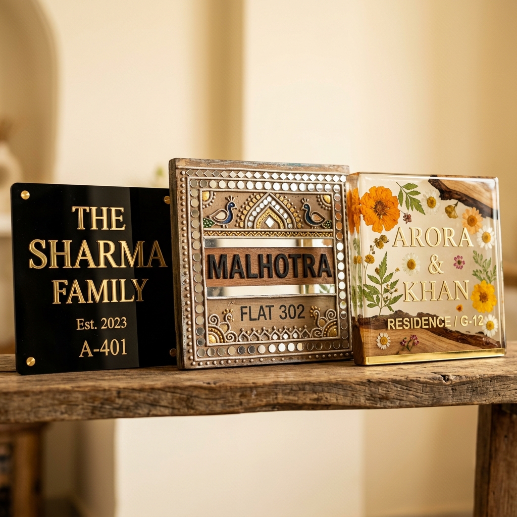 Close-up comparison of three handcrafted Indian nameplates: black gold acrylic, 3D Lippan mirror work wood, and clear resin with pressed flowers
