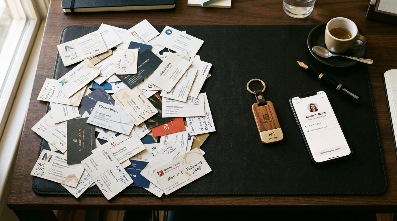 Overhead documentary photograph of an executive desk contrasting a messy pile of scribbled paper business cards on the left with a minimalist teakwood smart keychain beside an iPhone on the right