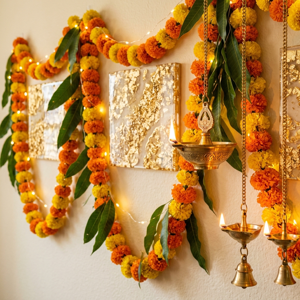 Close up detailed shot of quick 15-minute Diwali wall decor hack featuring marigold flower garlands cascading around gold leaf resin art panels, fairy lights, and brass hanging oil lamps on a warm ivory wall