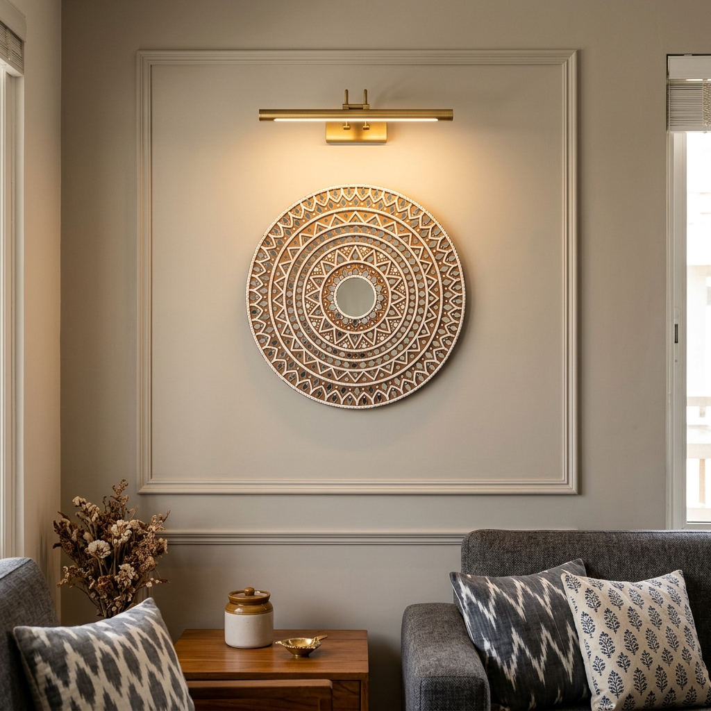 Close-up view of a handcrafted 3D Lippan mirror artwork mounted inside a wall moulding frame with warm brass picture lighting