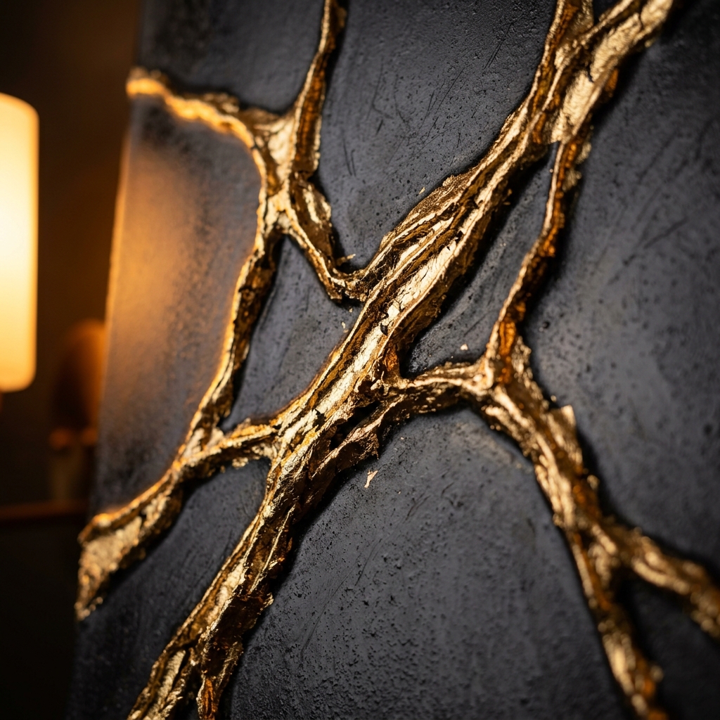 Extreme close-up shot of 3D gold leaf epoxy resin artwork showing physical raised veins catching warm 3000K accent light