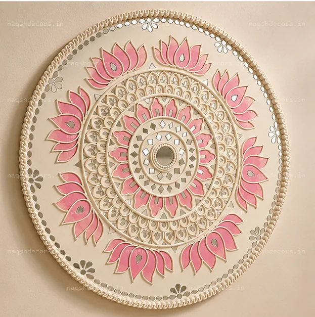 Pink Lotus Lippan Art Wall Decor 18 Inch – Handcrafted Mirror Work thumbnail 3