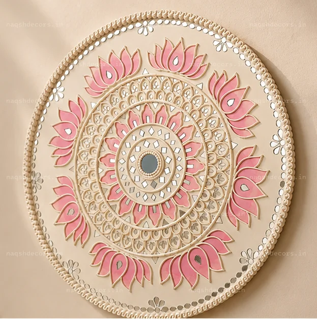 Pink Lotus Lippan Art Wall Decor 18 Inch – Handcrafted Mirror Work thumbnail 2