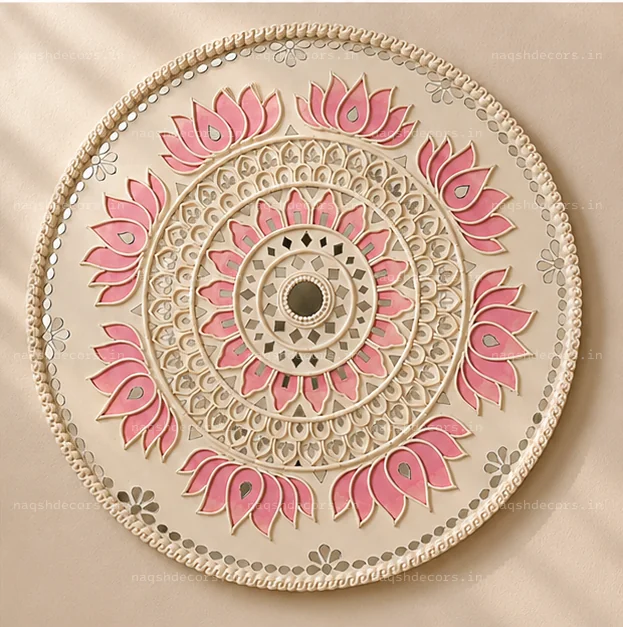 Pink Lotus Lippan Art Wall Decor 18 Inch – Handcrafted Mirror Work
