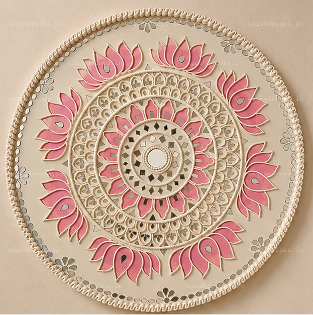 Pink Lotus Lippan Art Wall Decor 18 Inch – Handcrafted Mirror Work thumbnail 4