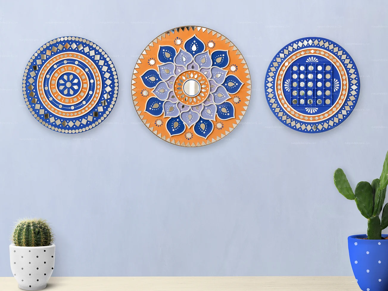 Handcrafted Mirror Mandala Wall Decor Set – Blue & Orange