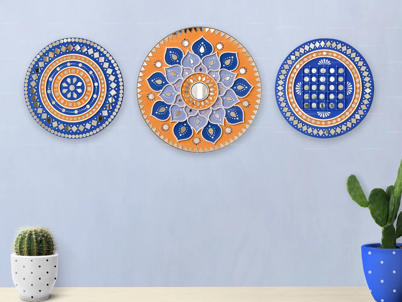 Handcrafted Mirror Mandala Wall Decor Set – Blue & Orange