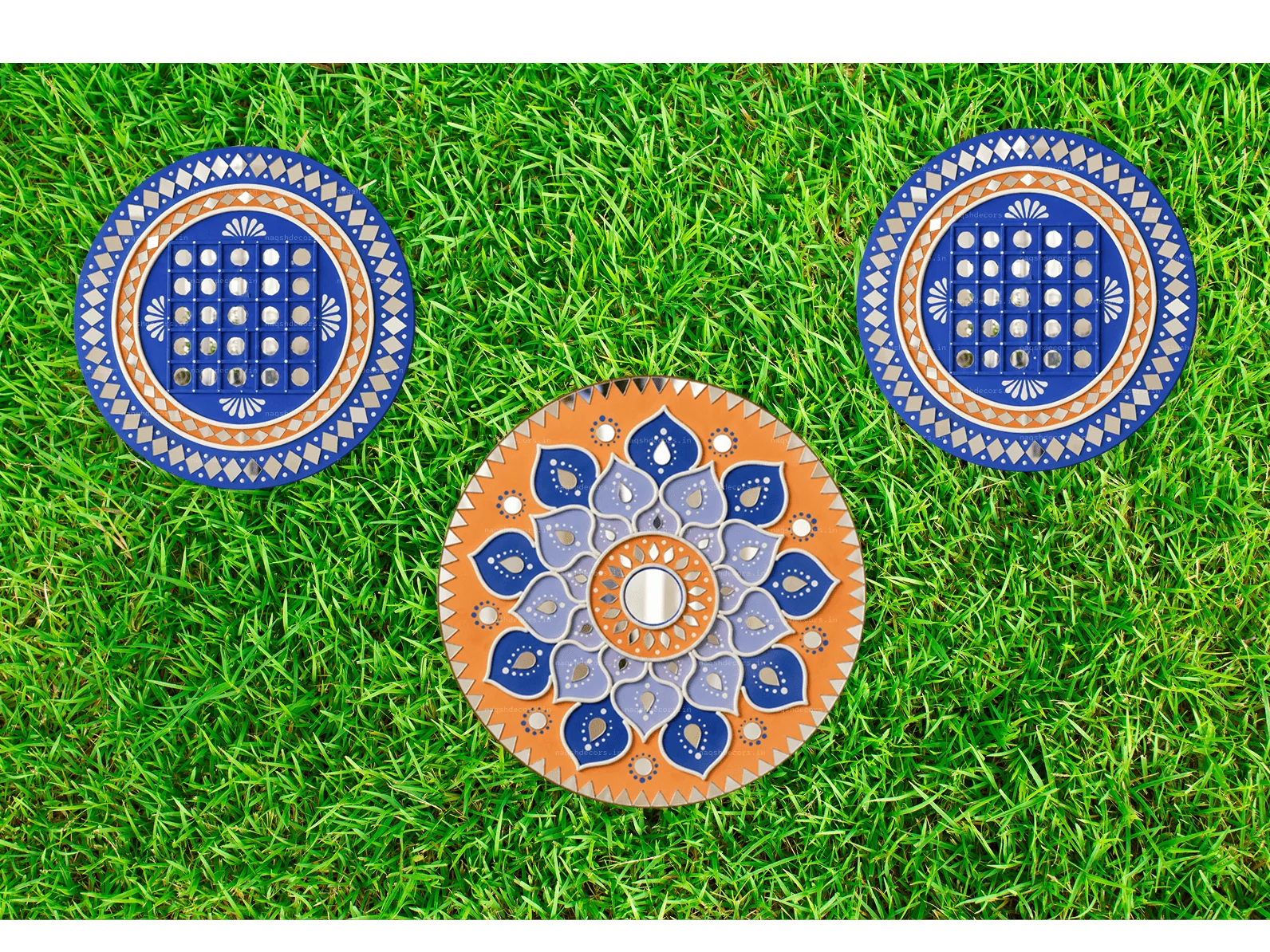 Handcrafted Mirror Mandala Wall Decor Set – Blue & Orange thumbnail 5