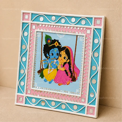 10 Inch Radha Krishna Lippan Art Wall Decor – Handmade Mirror Work