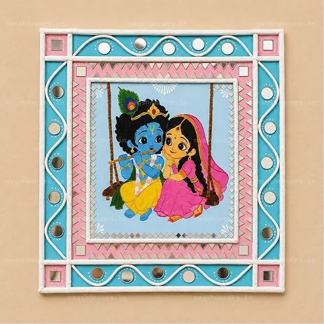 10 Inch Radha Krishna Lippan Art Wall Decor – Handmade Mirror Work thumbnail 2